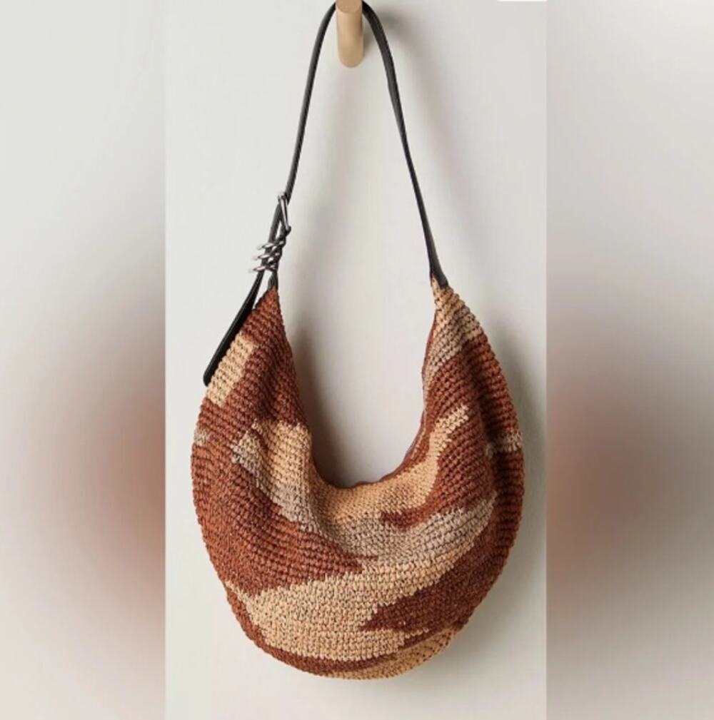 NWT Free People Santorini Straw Tote Bag Neutral Mix Brown Woven Shoulder Purse